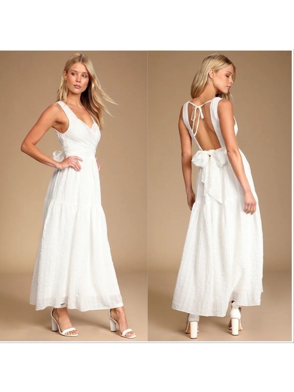 Lulus What a Trend White Tie-Back Tiered Midi Dress Small Bridal
